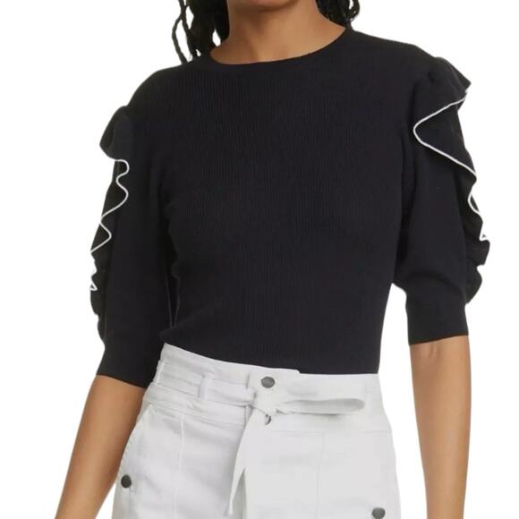 Frame Navy Blue White Wool Knit Sweater Ruffle Sleeve size medium - Picture 1 of 12